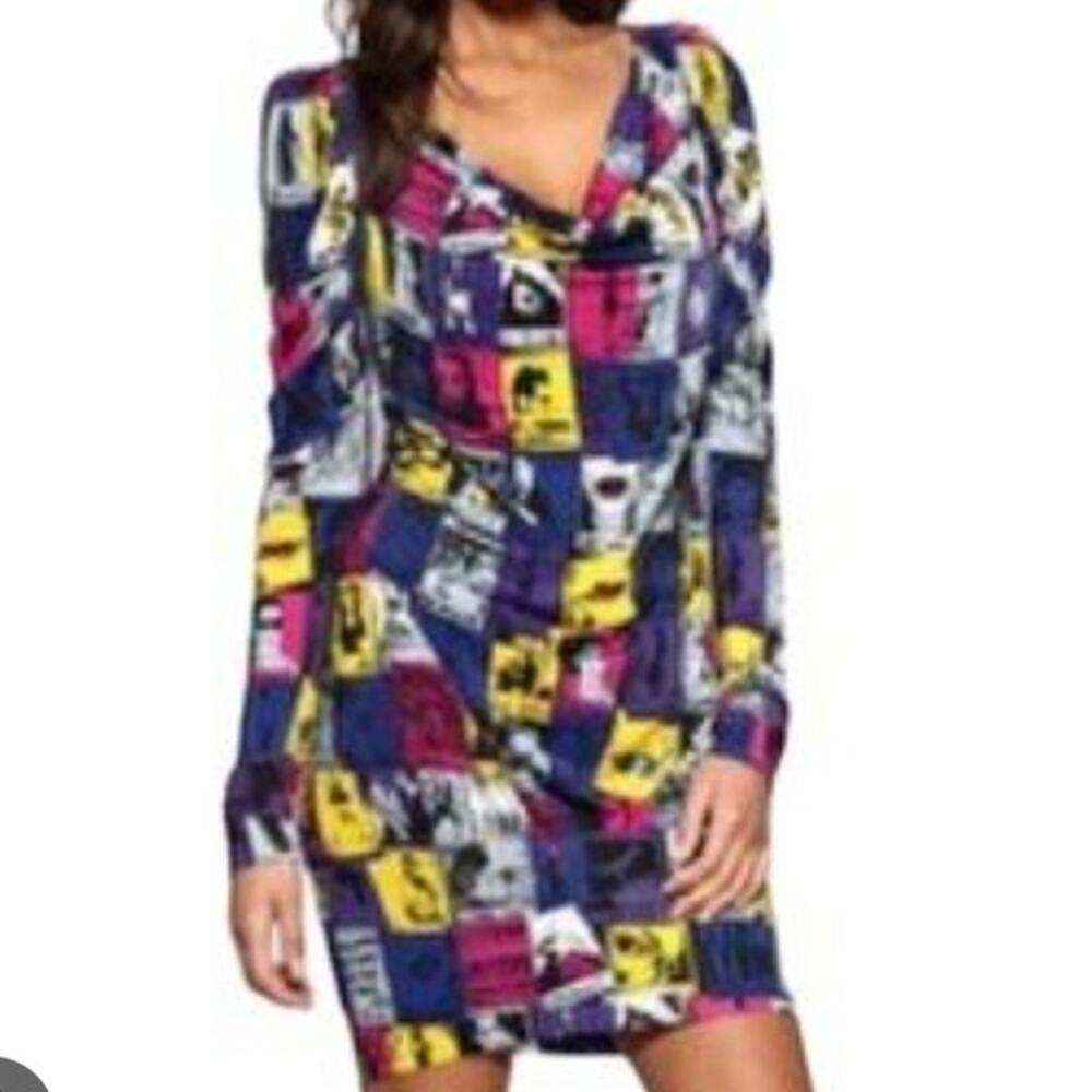 Miss Sixty Multicolor Mini‎ Dress Sz S Y2K Pop Art NWT Cowl Neckline